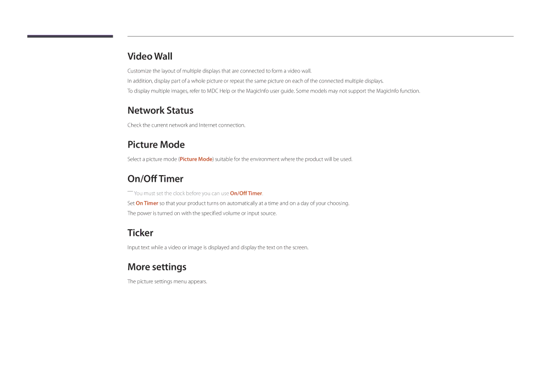 Samsung LH46UDDPUBB/EN manual Network Status, Picture Mode, On/Off Timer, Ticker, More settings 