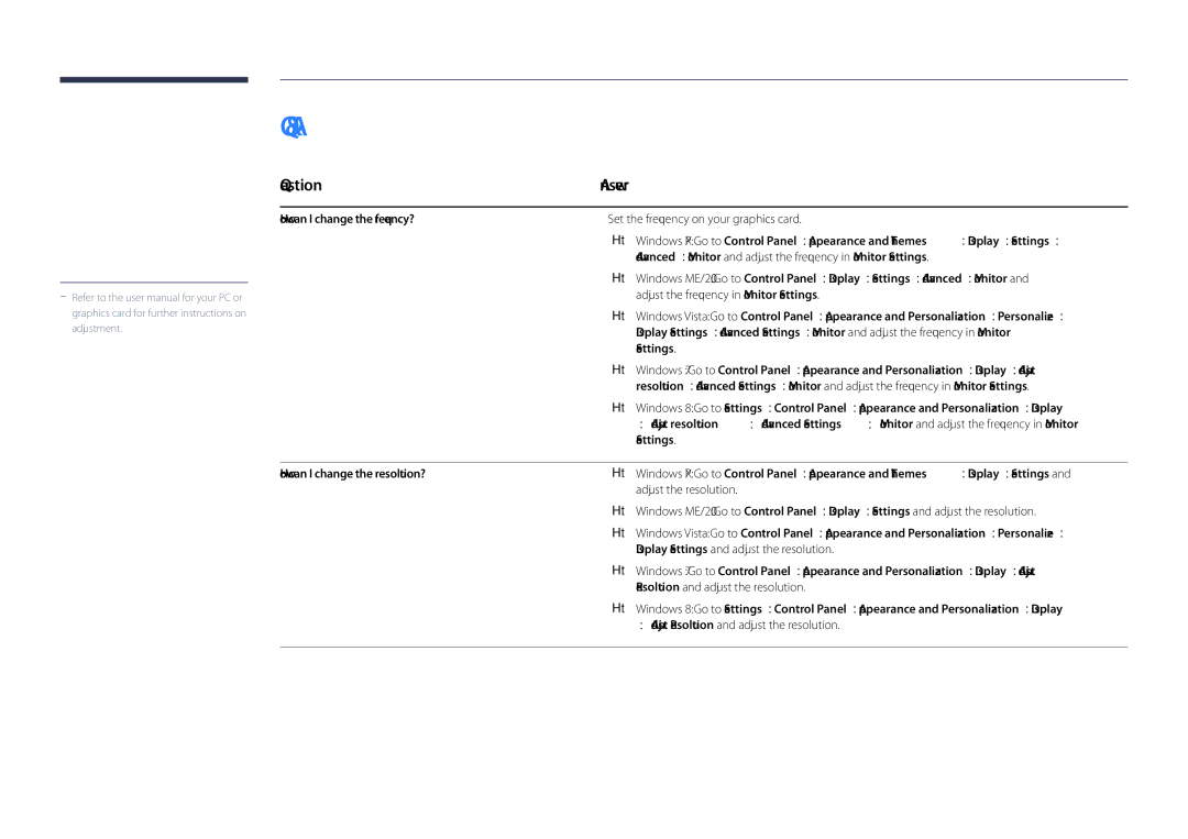 Samsung LH46UDDPUBB/EN manual Question Answer, How can I change the frequency?, Settings, How can I change the resolution? 