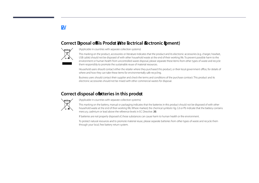 Samsung LH46UDDPUBB/EN manual Correct disposal of batteries in this product 