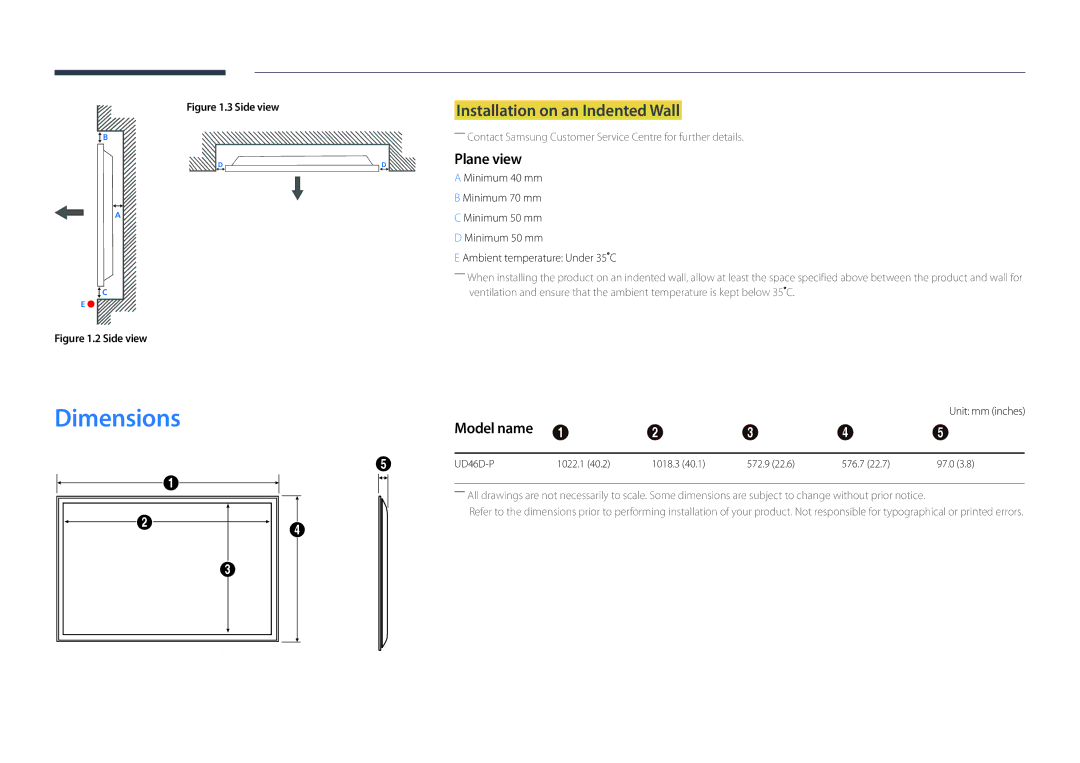 Samsung LH46UDDPUBB/EN manual Dimensions, Installation on an Indented Wall, Plane view, Model name 