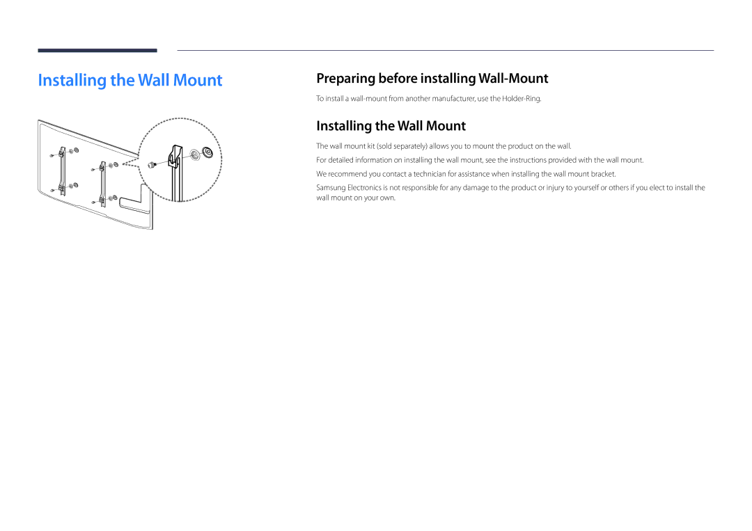 Samsung LH46UDDPUBB/EN manual Installing the Wall Mount, Preparing before installing Wall-Mount 