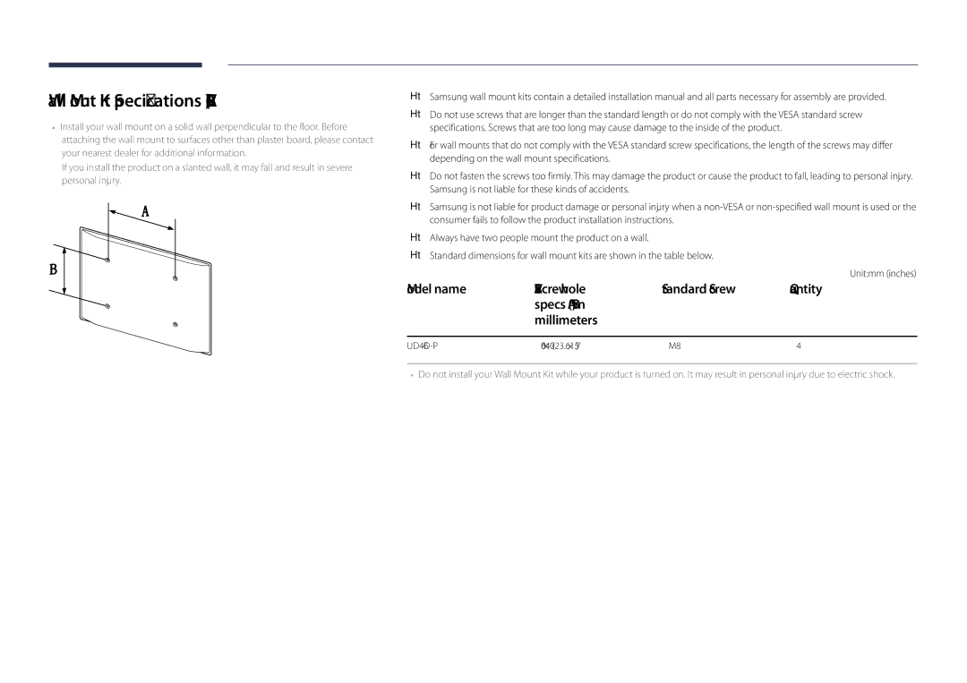 Samsung LH46UDDPUBB/EN manual Wall Mount Kit Specifications Vesa, UD46D-P 