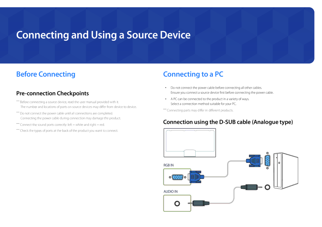 Samsung LH46UDDPUBB/EN manual Connecting and Using a Source Device, Before Connecting, Connecting to a PC 