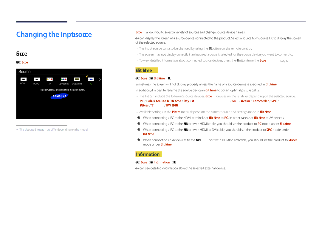 Samsung LH46UDDPUBB/EN manual Changing the Input source, Source, Edit Name, Information 