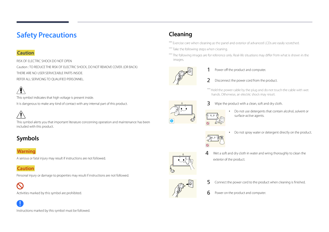 Samsung LH46UDDPUBB/EN manual Safety Precautions, Cleaning, Symbols, Power off the product and computer 