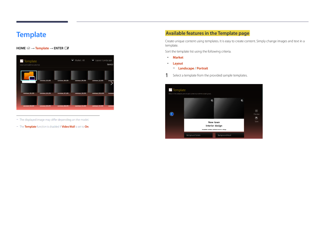 Samsung LH46UDDPUBB/EN manual Available features in the Template, Home → Template → Enter E, Market, Layout 