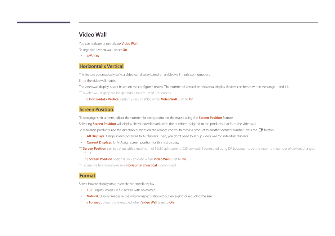 Samsung LH46UDDPUBB/EN manual Video Wall, Horizontal x Vertical, Screen Position, Format, Off / On 