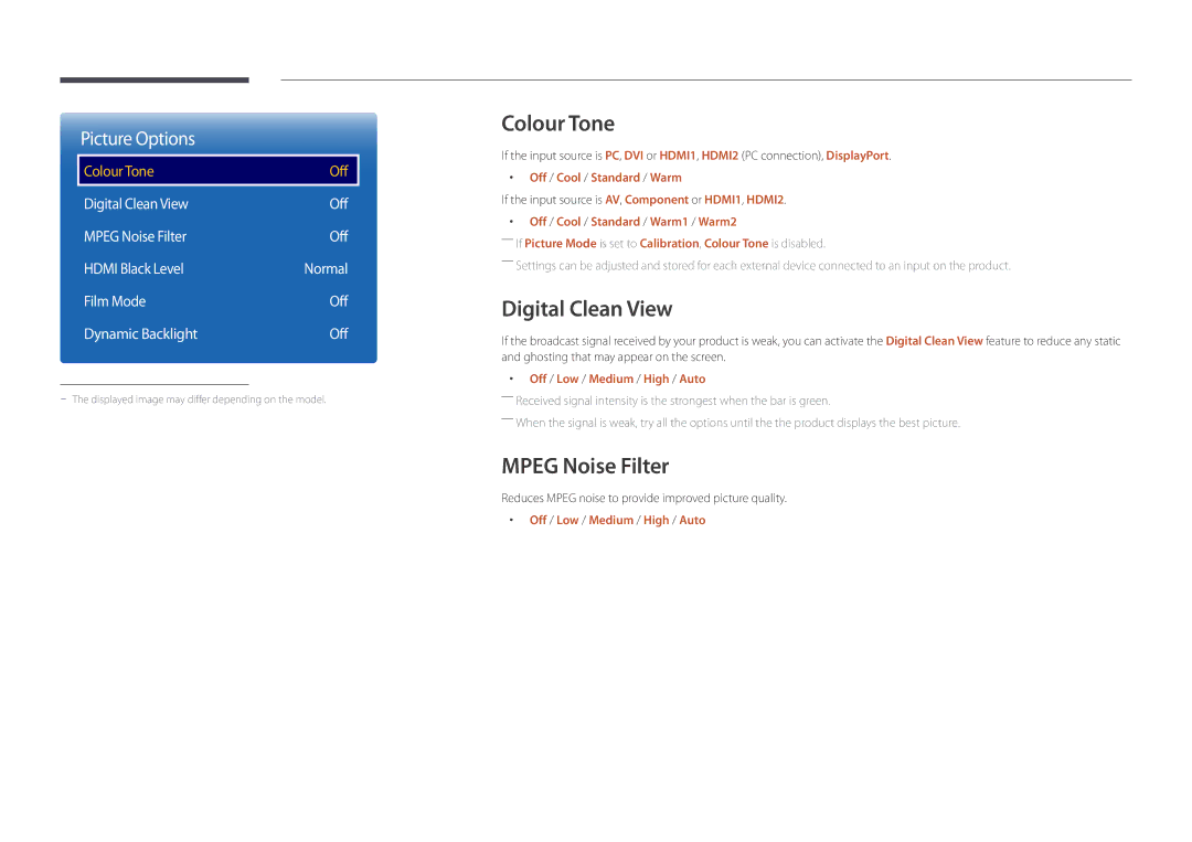 Samsung LH46UDDPUBB/EN manual Colour Tone, Digital Clean View, Mpeg Noise Filter, Off / Cool / Standard / Warm 