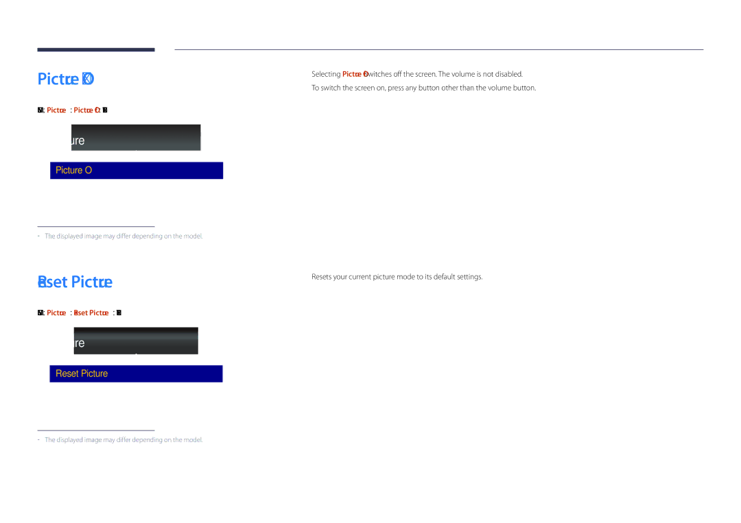 Samsung LH46UDDPUBB/EN manual Reset Picture, Menu m → Picture → Picture Off → Enter E 