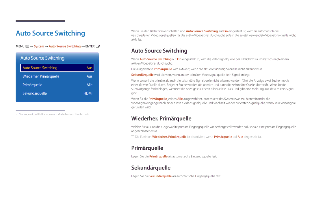 Samsung LH46UDDPUBB/EN manual Auto Source Switching, Wiederher. Primärquelle, Sekundärquelle 