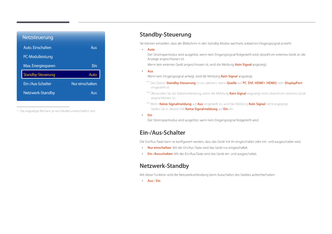 Samsung LH46UDDPUBB/EN manual Standby-Steuerung, Ein-/Aus-Schalter, Netzwerk-Standby, Auto 