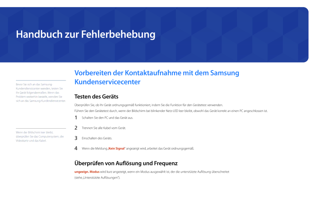 Samsung LH46UDDPUBB/EN manual Handbuch zur Fehlerbehebung, Testen des Geräts, Überprüfen von Auflösung und Frequenz 