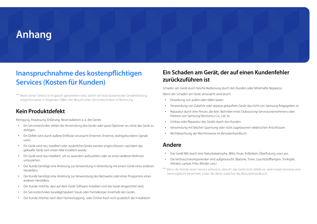 Samsung LH46UDDPUBB/EN manual Anhang, Kein Produktdefekt, Andere 