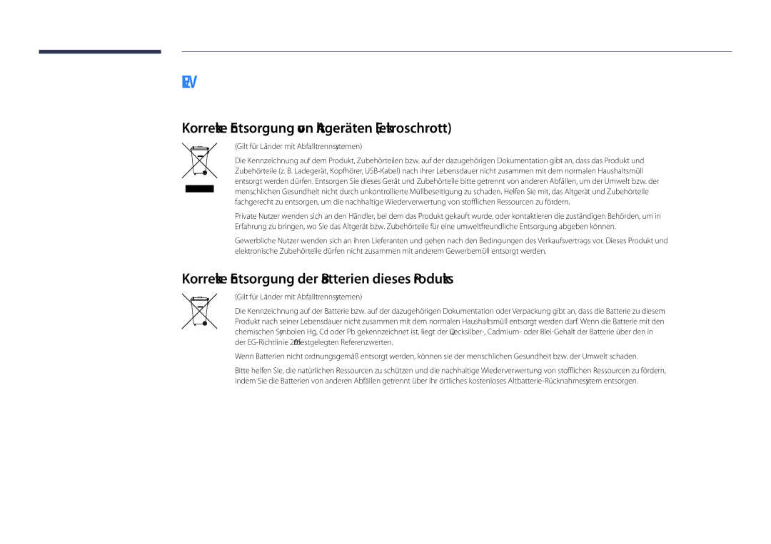 Samsung LH46UDDPUBB/EN manual Korrekte Entsorgung von Altgeräten Elektroschrott, Gilt für Länder mit Abfalltrennsystemen 