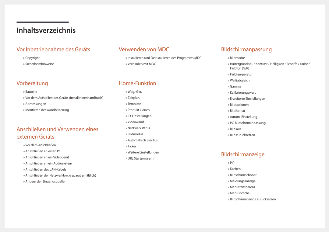 Samsung LH46UDDPUBB/EN manual Inhaltsverzeichnis 