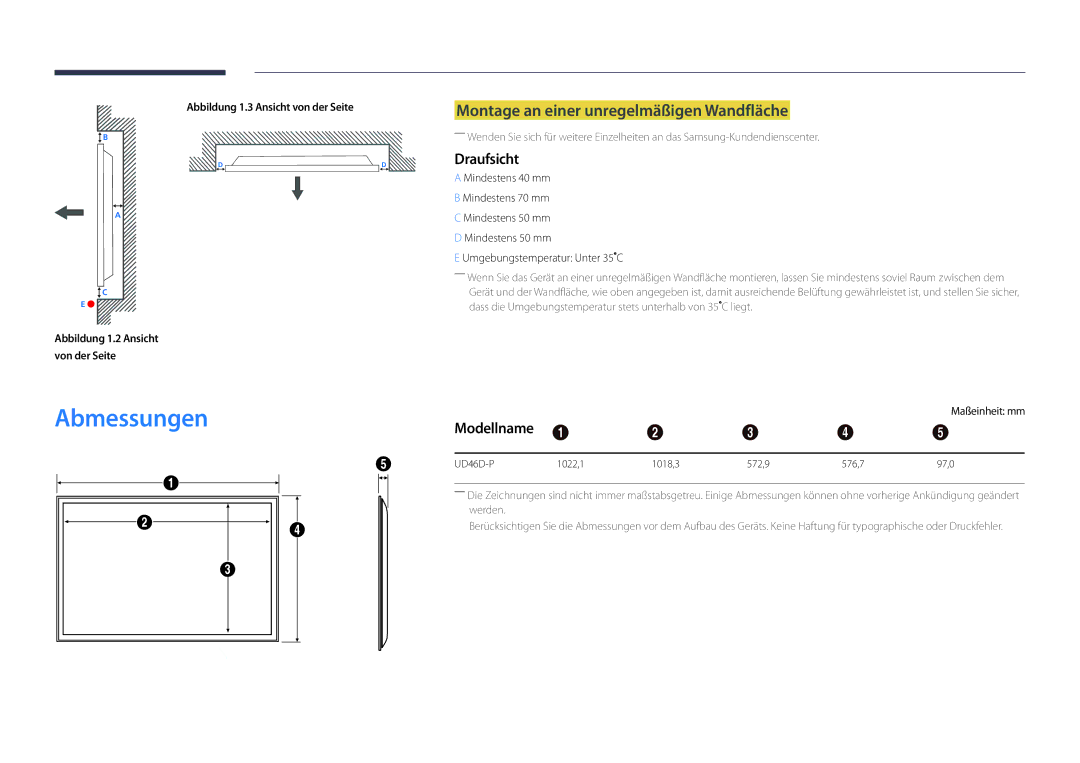 Samsung LH46UDDPUBB/EN manual Abmessungen, Montage an einer unregelmäßigen Wandfläche, Draufsicht, Modellname 