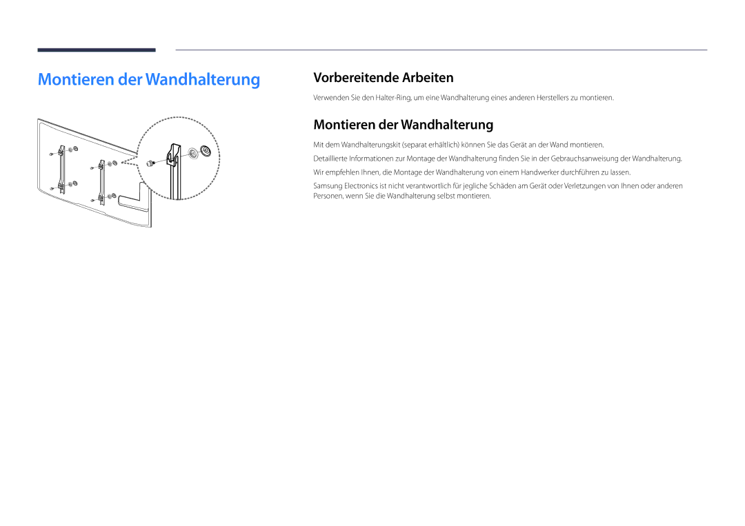 Samsung LH46UDDPUBB/EN manual Montieren der Wandhalterung, Vorbereitende Arbeiten 