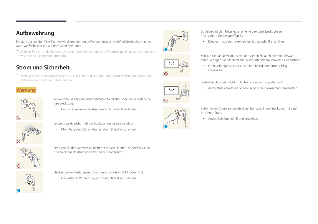 Samsung LH46UDDPUBB/EN manual Aufbewahrung, Strom und Sicherheit 