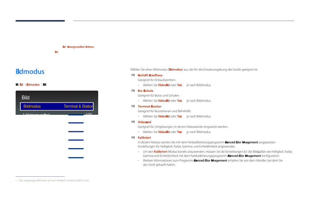 Samsung LH46UDDPUBB/EN manual Bildschirmanpassung, Menu m → Bild → Bildmodus → Enter E 