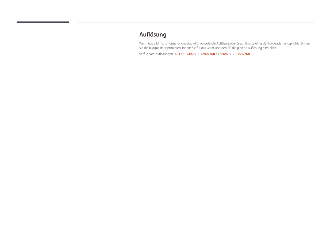 Samsung LH46UDDPUBB/EN manual Verfügbare Auflösungen Aus / 1024x768 / 1280x768 / 1360x768 