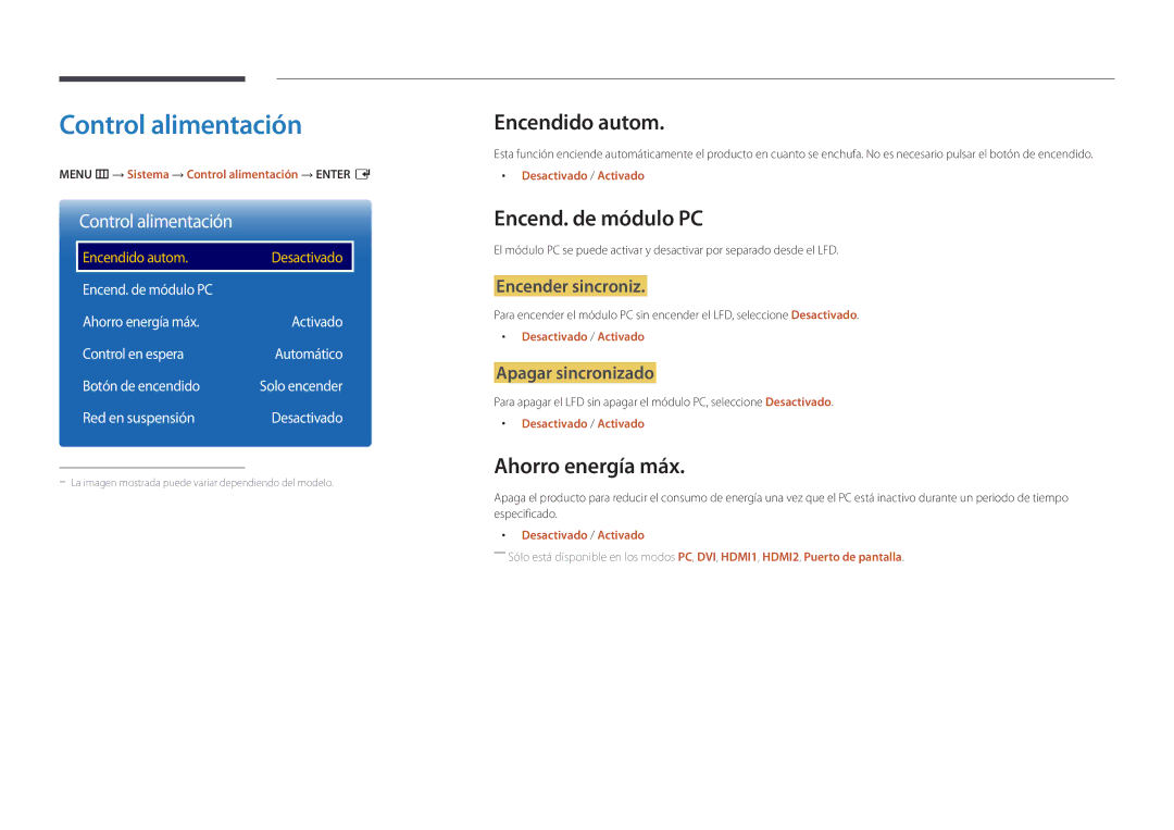 Samsung LH46UDDPUBB/EN manual Control alimentación, Encendido autom, Encend. de módulo PC, Ahorro energía máx 