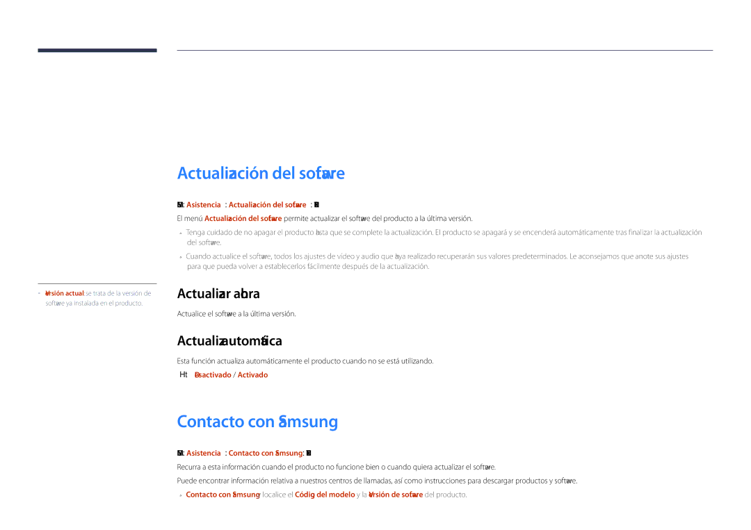 Samsung LH46UDDPUBB/EN manual Soporte técnico, Actualización del software, Contacto con Samsung, Actualizar ahora 