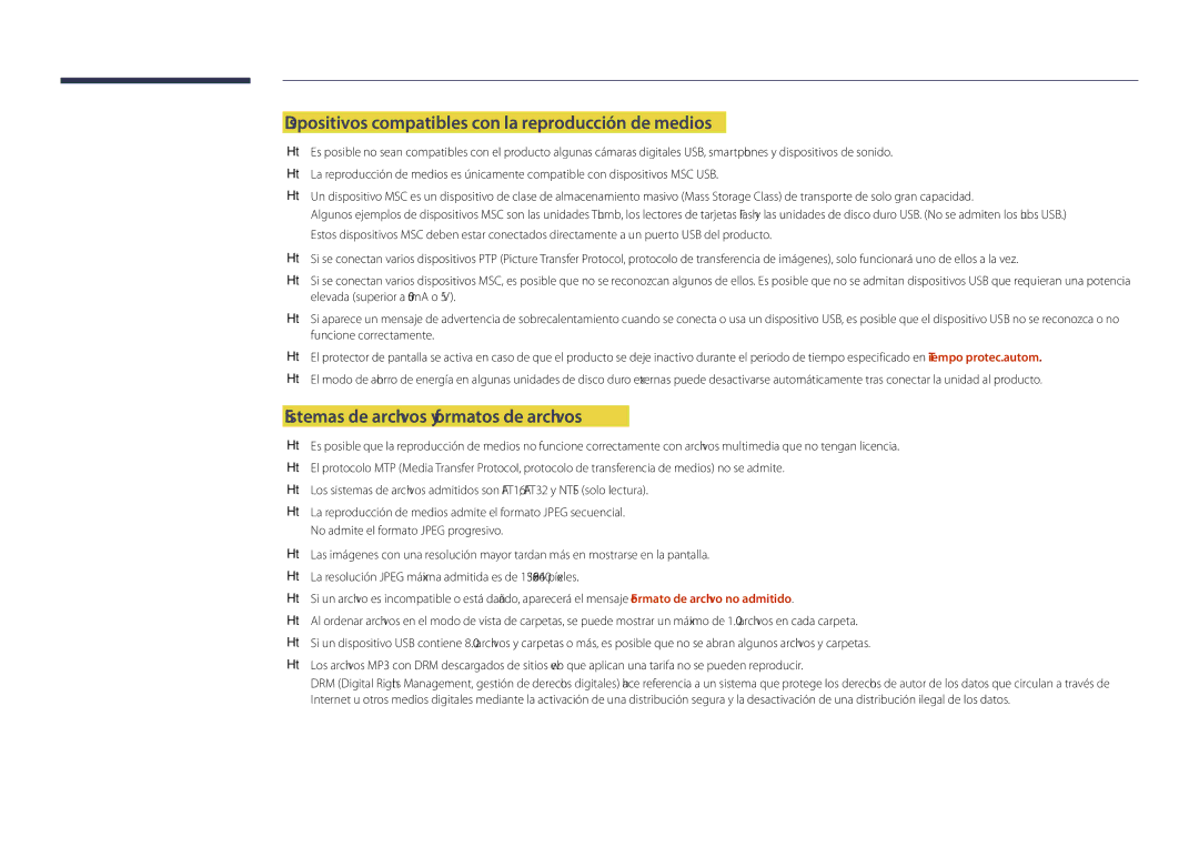 Samsung LH46UDDPUBB/EN Dispositivos compatibles con la reproducción de medios, Sistemas de archivos y formatos de archivos 