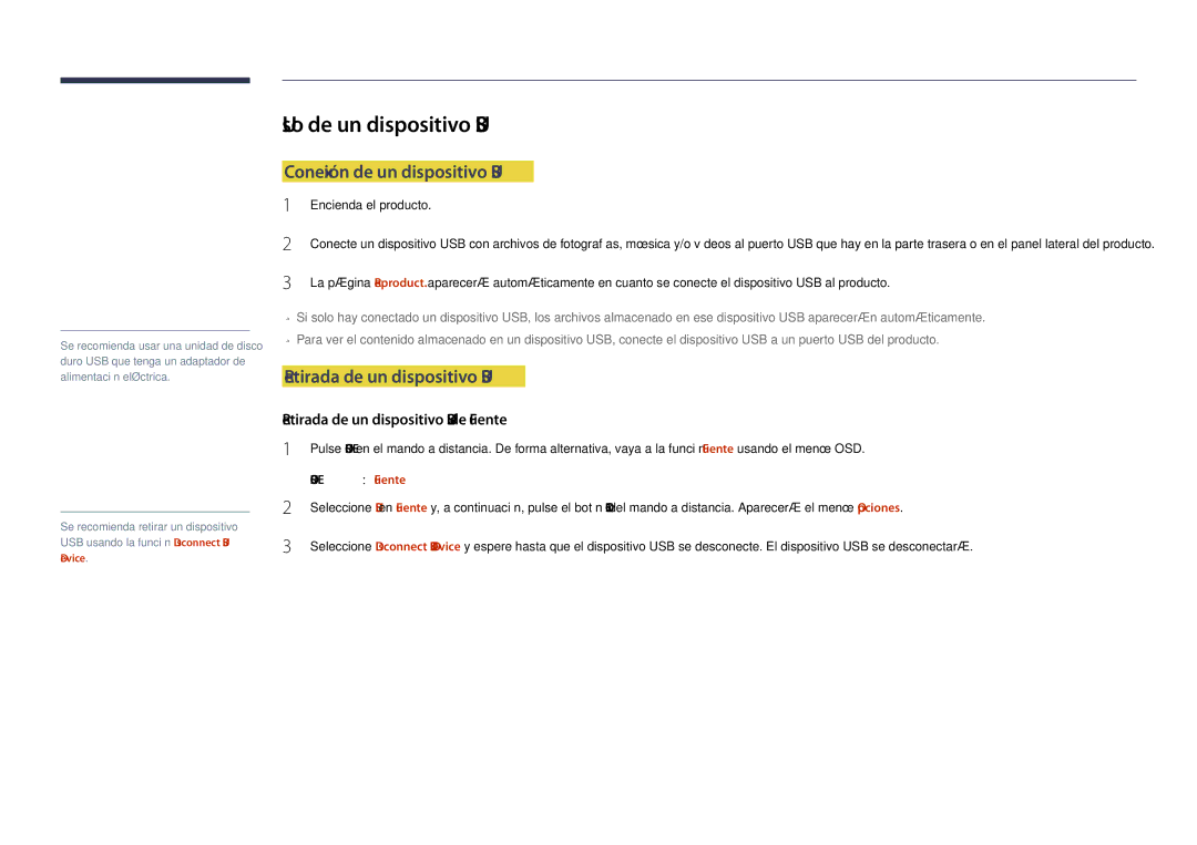 Samsung LH46UDDPUBB/EN manual Uso de un dispositivo USB, Conexión de un dispositivo USB, Retirada de un dispositivo USB 