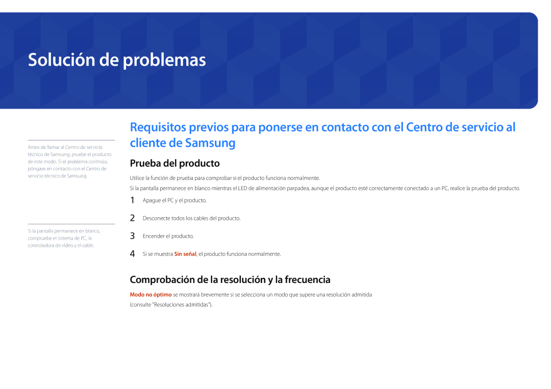 Samsung LH46UDDPUBB/EN manual Solución de problemas, Prueba del producto, Comprobación de la resolución y la frecuencia 