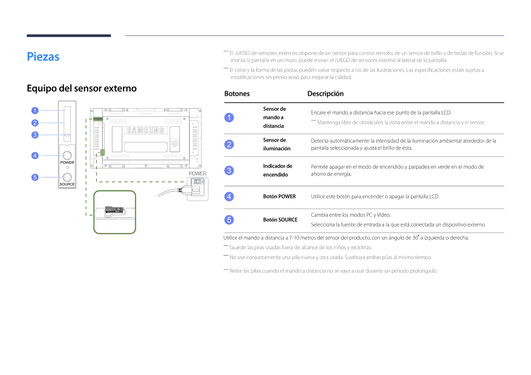 Samsung LH46UDDPUBB/EN manual Piezas, BotonesDescripción, Distancia, Sensor de 