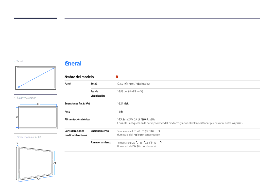 Samsung LH46UDDPUBB/EN manual Especificaciones, Consideraciones Funcionamiento, Medioambientales, Almacenamiento 