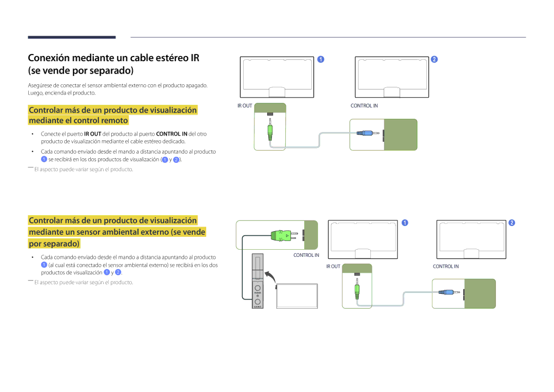 Samsung LH46UDDPUBB/EN manual Conexión mediante un cable estéreo IR Se vende por separado, Mediante el control remoto 