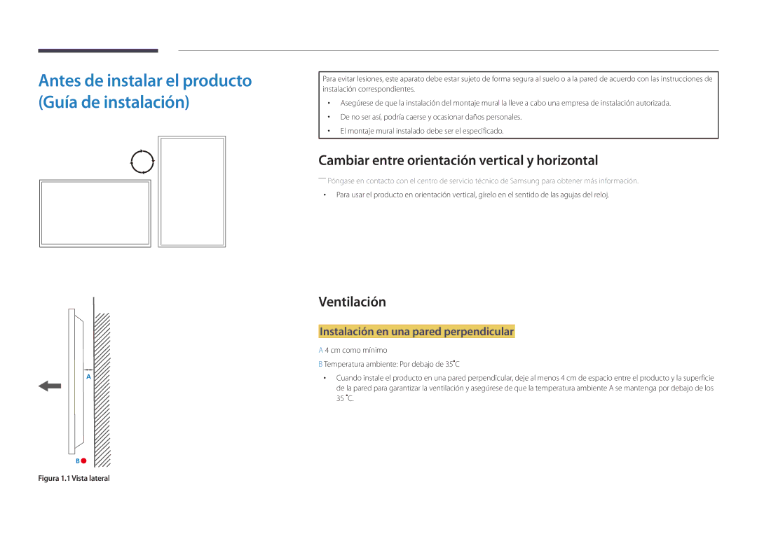 Samsung LH46UDDPUBB/EN manual Cambiar entre orientación vertical y horizontal, Ventilación 