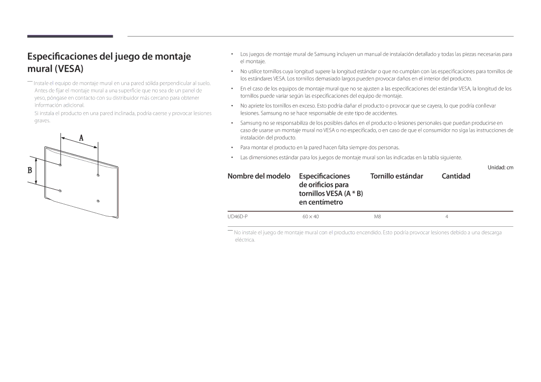 Samsung LH46UDDPUBB/EN manual Especificaciones del juego de montaje mural Vesa, En centímetro 