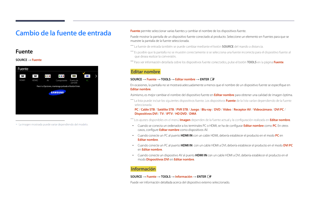 Samsung LH46UDDPUBB/EN manual Cambio de la fuente de entrada, Fuente, Editar nombre, Información 