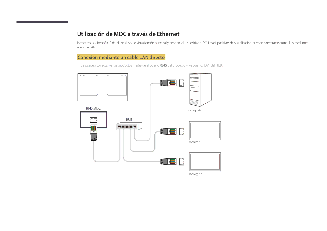 Samsung LH46UDDPUBB/EN manual Utilización de MDC a través de Ethernet, Conexión mediante un cable LAN directo 