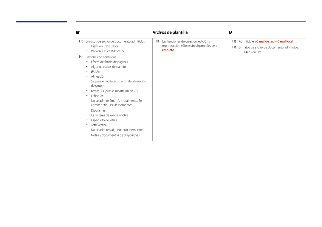 Samsung LH46UDDPUBB/EN manual Archivos de plantilla, Diagramas, Texto vertical, Admitido en Canal de red y Canal local 