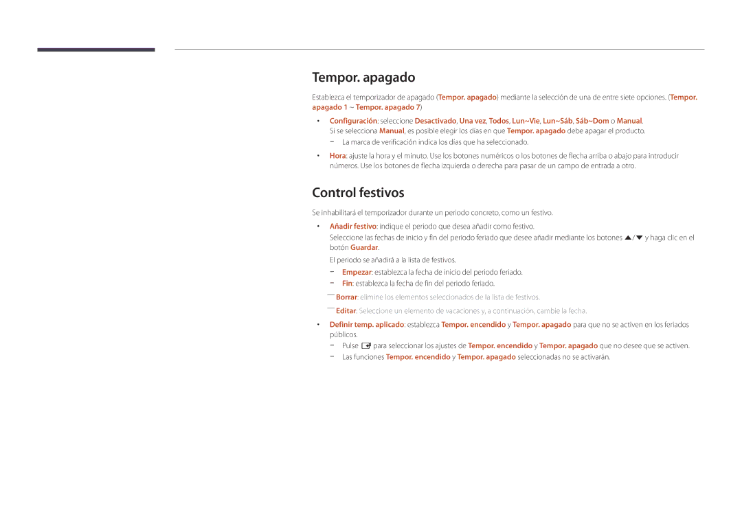 Samsung LH46UDDPUBB/EN manual Tempor. apagado, Control festivos 