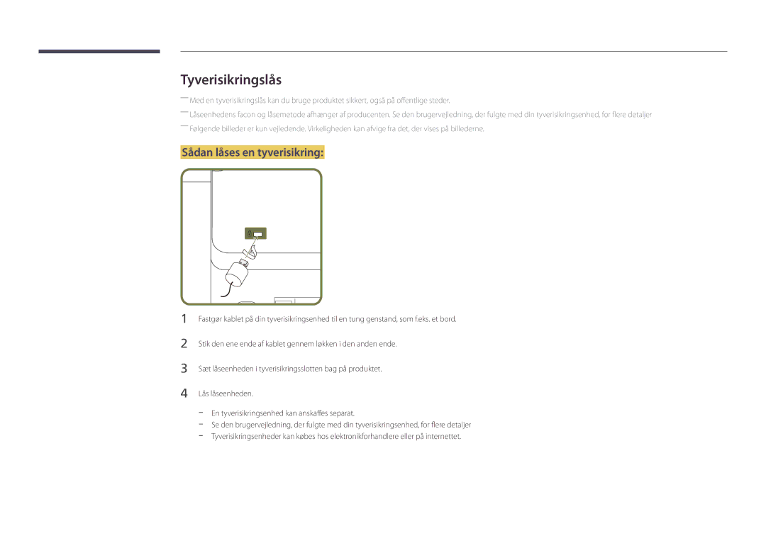 Samsung LH46UDDPUBB/EN manual Tyverisikringslås, Sådan låses en tyverisikring 