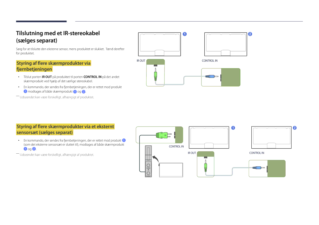 Samsung LH46UDDPUBB/EN manual Tilslutning med et IR-stereokabel sælges separat 