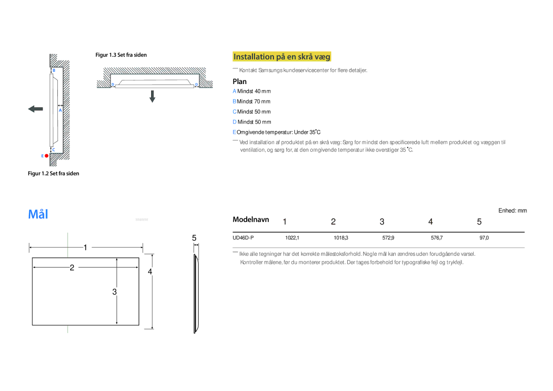 Samsung LH46UDDPUBB/EN manual Installation på en skrå væg, Plan, Modelnavn 