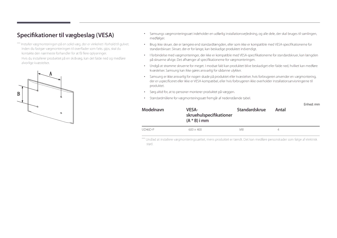 Samsung LH46UDDPUBB/EN manual Specifikationer til vægbeslag Vesa, Standardskrue Antal, I mm 