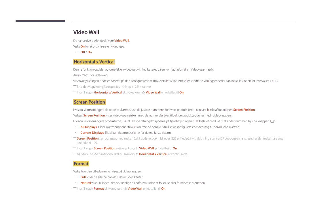 Samsung LH46UDDPUBB/EN manual Video Wall, Horizontal x Vertical, Screen Position, Format, Off / On 