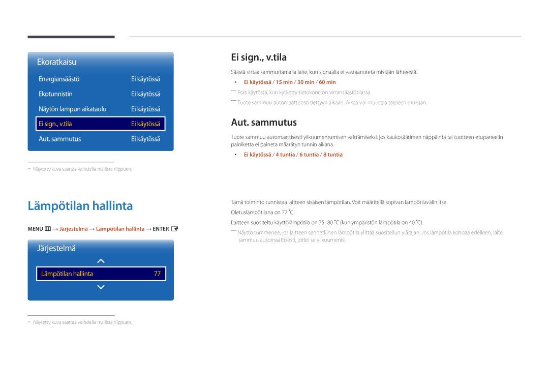 Samsung LH46UDDPUBB/EN manual Lämpötilan hallinta, Ei sign., v.tila, Aut. sammutus, Energiansäästö 