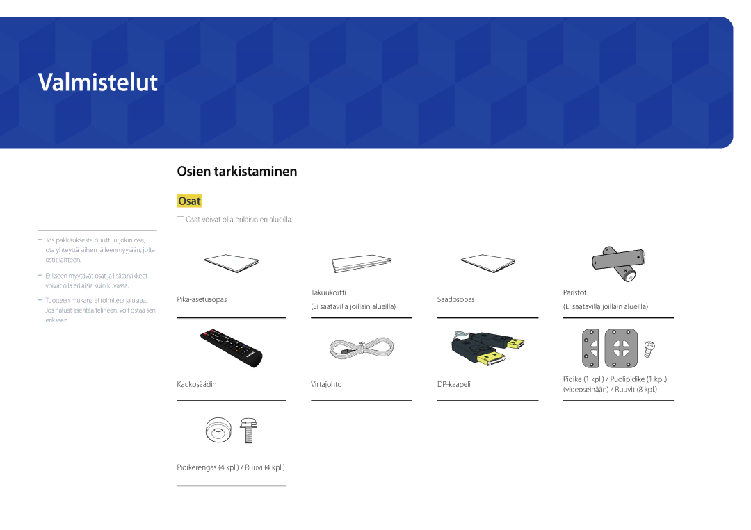 Samsung LH46UDDPUBB/EN manual Valmistelut, Osien tarkistaminen, Osat, Pidikerengas 4 kpl. / Ruuvi 4 kpl 