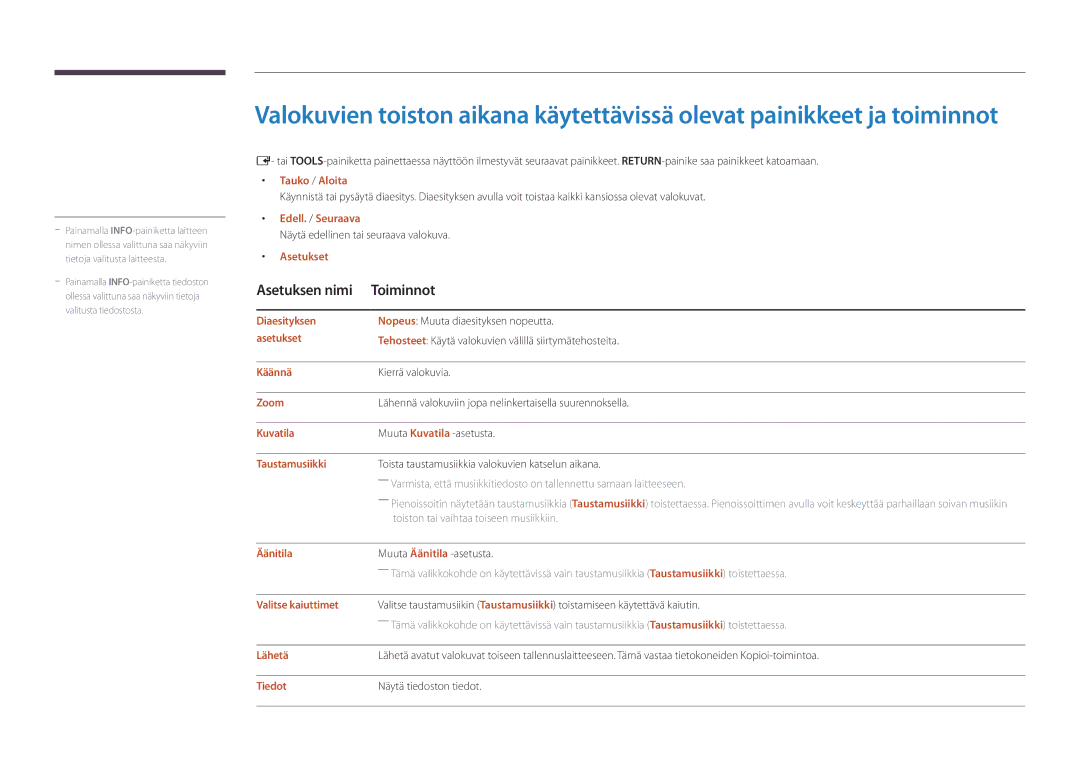 Samsung LH46UDDPUBB/EN Tauko / Aloita, Edell. / Seuraava, Diaesityksen, Käännä, Zoom, Taustamusiikki, Valitse kaiuttimet 