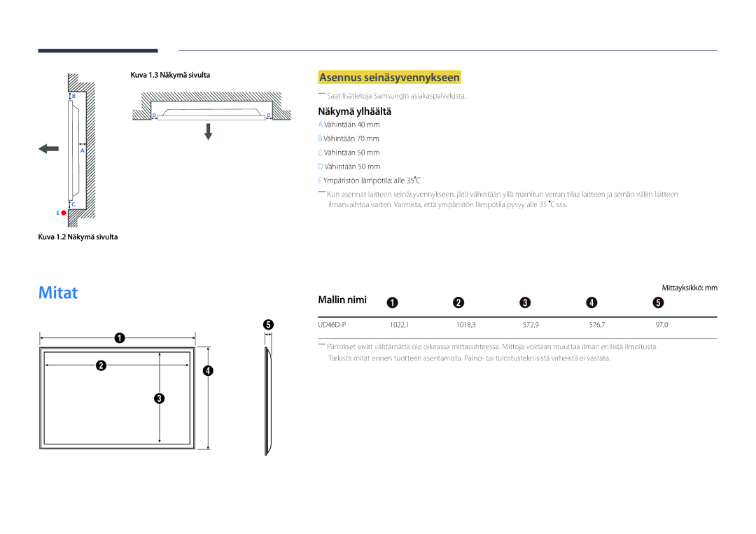 Samsung LH46UDDPUBB/EN manual Mitat, Asennus seinäsyvennykseen, Näkymä ylhäältä, Mallin nimi 