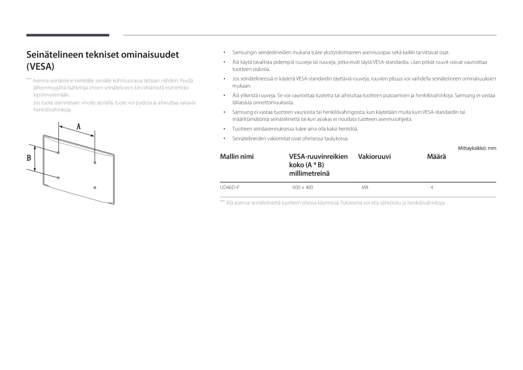 Samsung LH46UDDPUBB/EN manual Seinätelineen tekniset ominaisuudet Vesa, Vakioruuvi Määrä Koko a * B Millimetreinä 