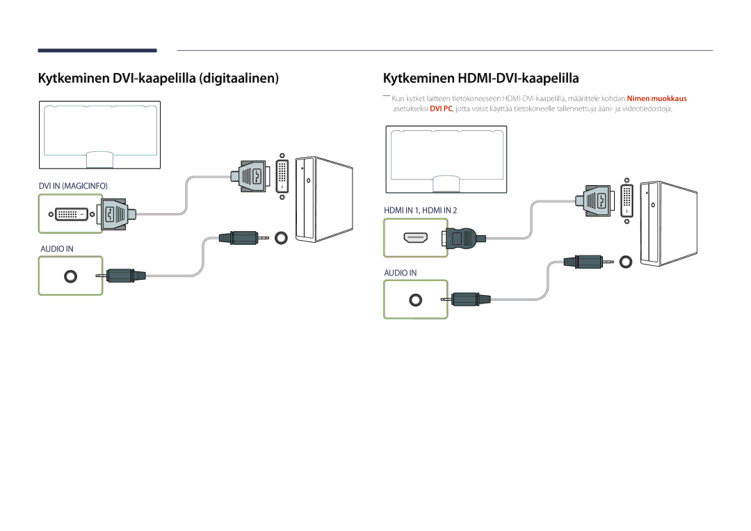 Samsung LH46UDDPUBB/EN manual Kytkeminen DVI-kaapelilla digitaalinen, Kytkeminen HDMI-DVI-kaapelilla 