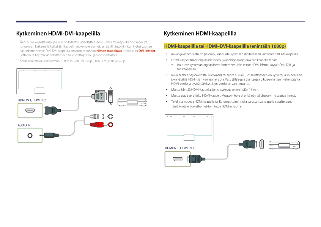 Samsung LH46UDDPUBB/EN manual Kytkeminen HDMI-DVI-kaapelilla, HDMI-kaapelilla tai HDMI-DVI-kaapelilla enintään 1080p 